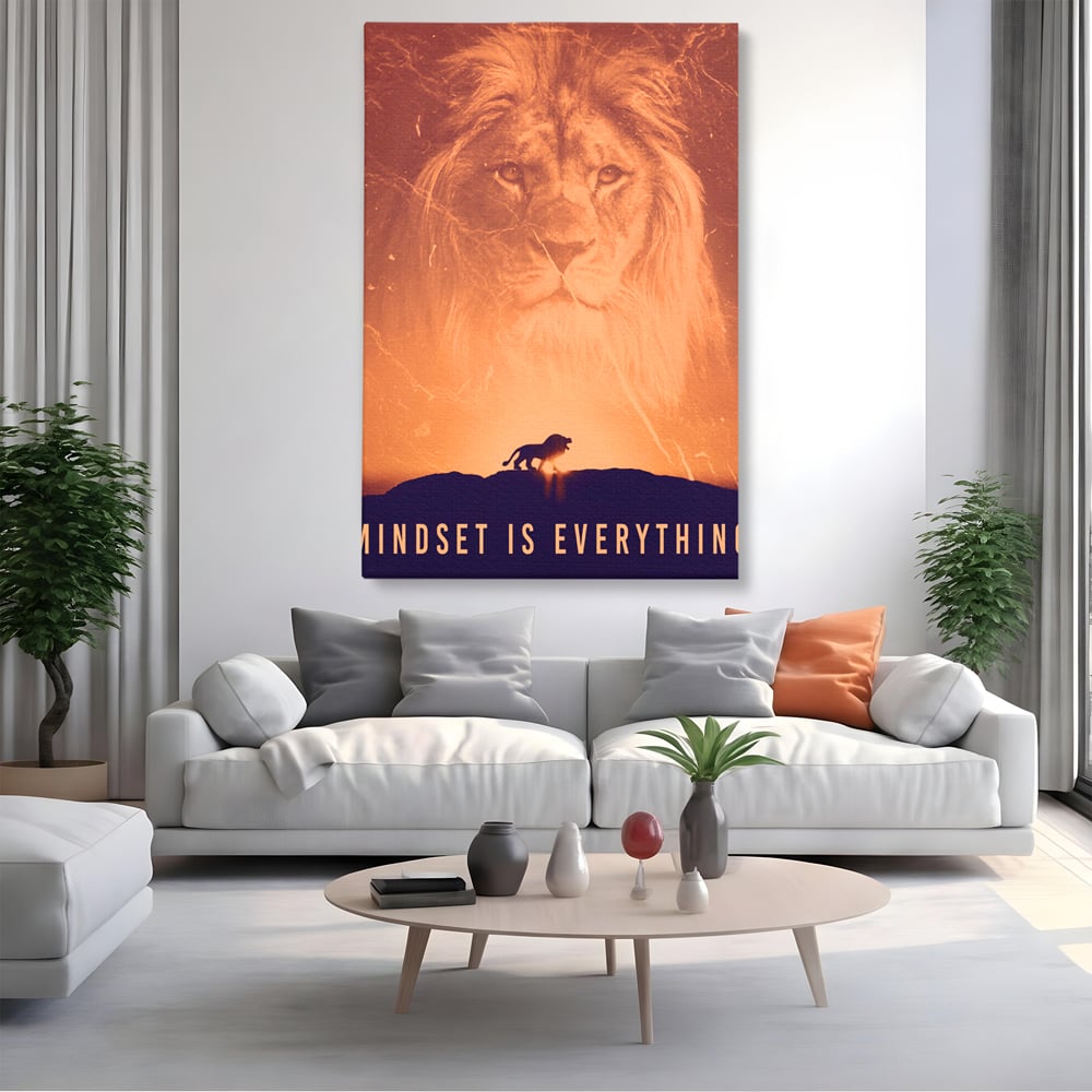 Tablou canvas cu tablou motivational cu leu si silueta, fara rama, pe sasiu de lemn, pe perete intr-un living
